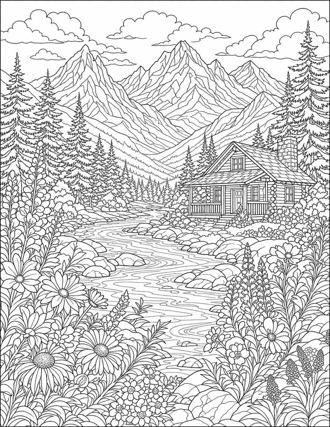Alpine River and Mountain Cabin printable adult coloring page