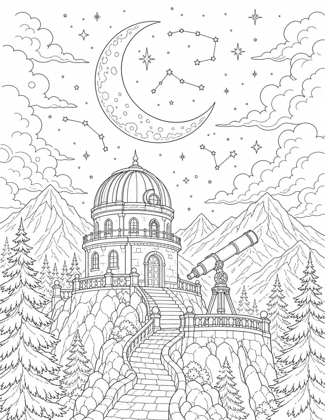 Mountain observatory, telescope, crescent moon and stars – free printable adult coloring page