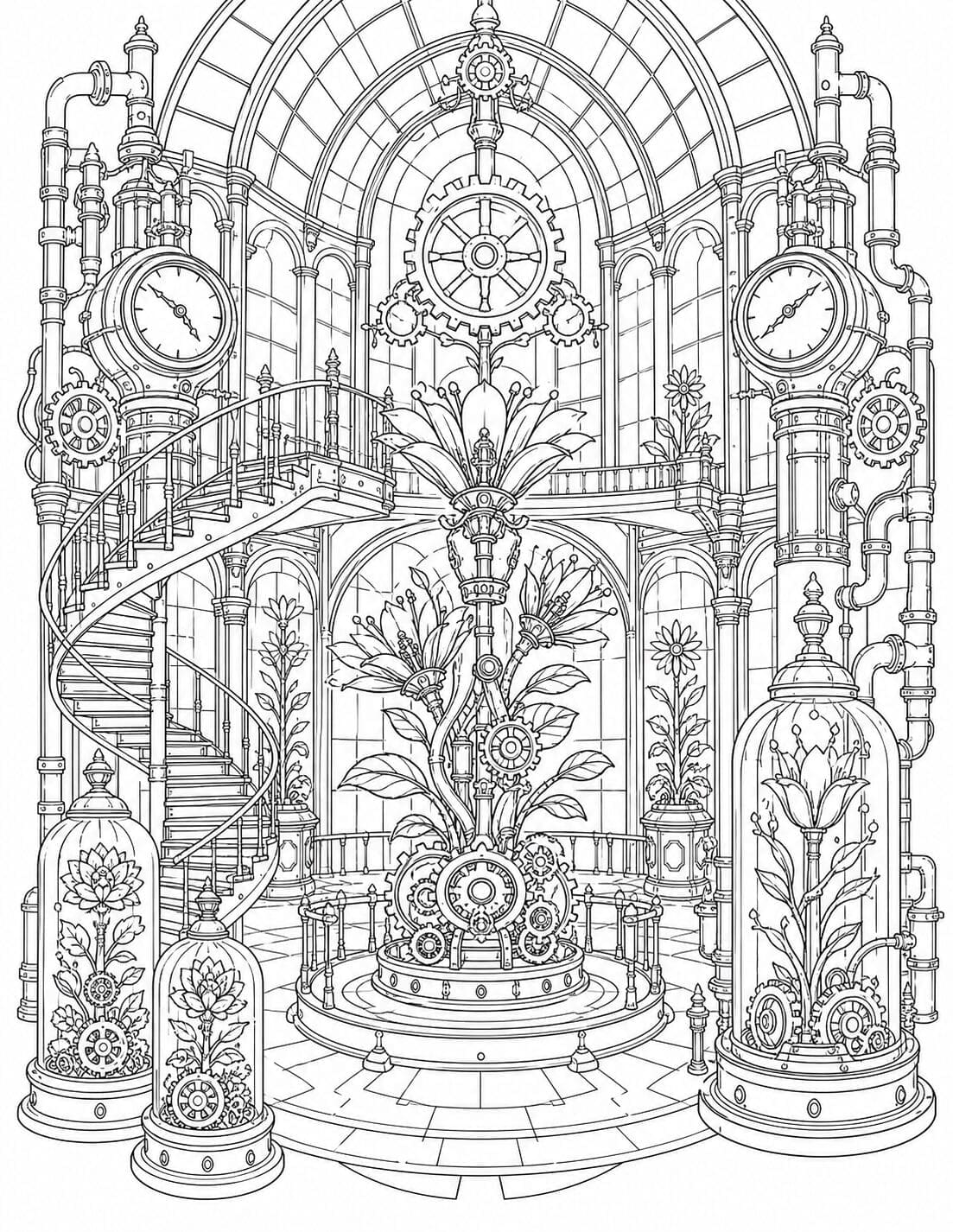 Clockwork conservatory with gears, mechanical flowers and spiral stairs – free adult coloring page