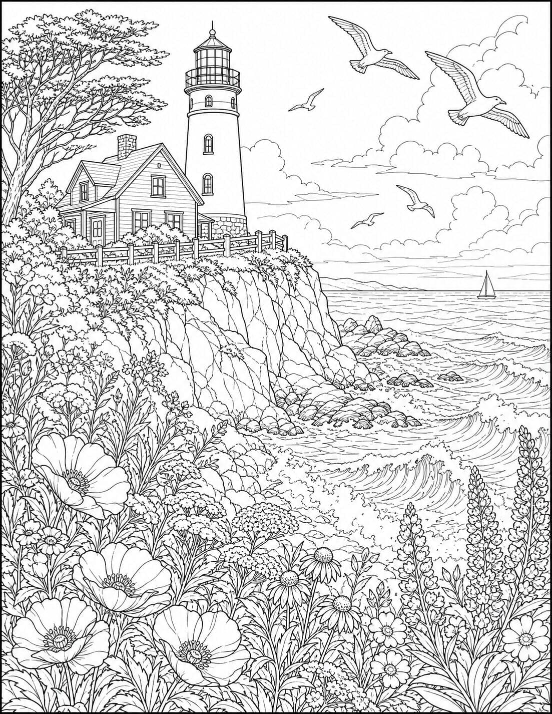 Coastal Lighthouse and Wildflowers printable adult coloring page