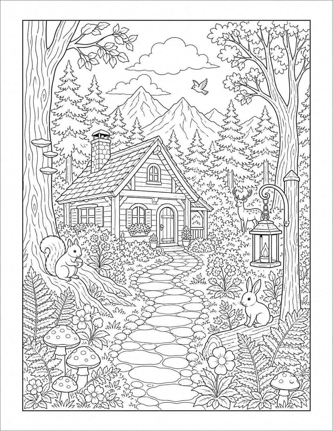 Free printable cozy forest cabin coloring page for adults
