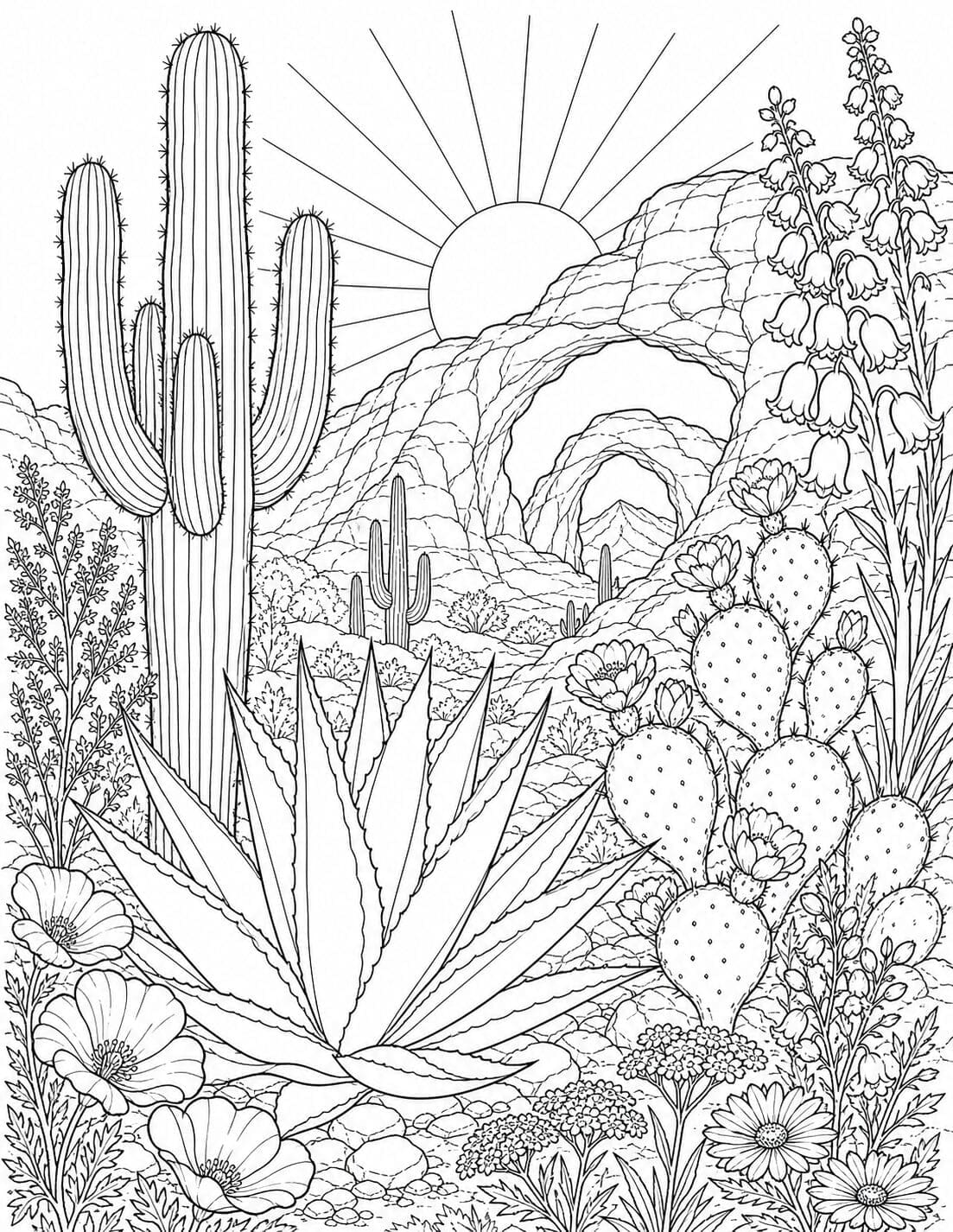 Desert Botanical Arches printable adult coloring page