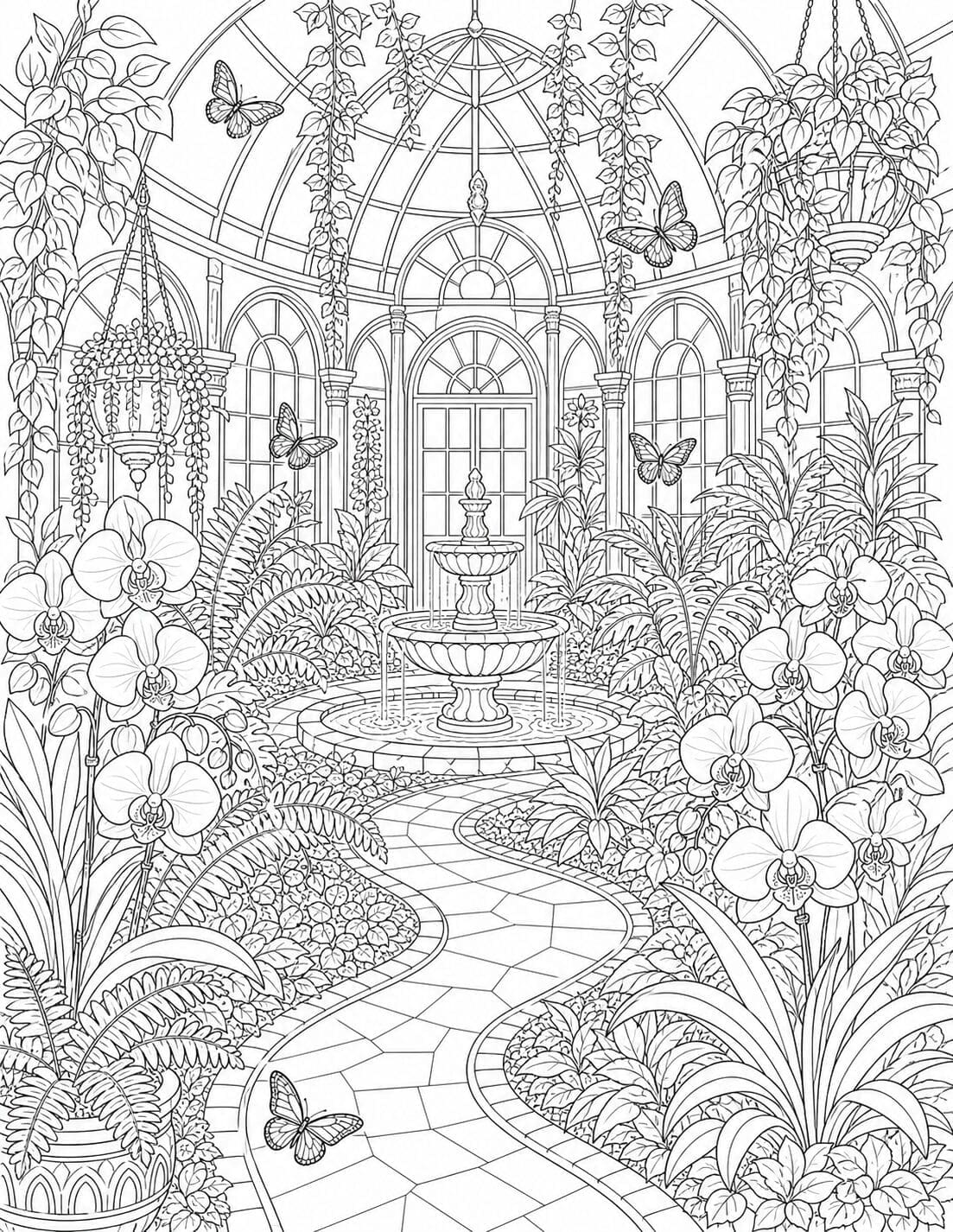 Intricate enchanted greenhouse with orchids, butterflies and a fountain – free adult coloring page