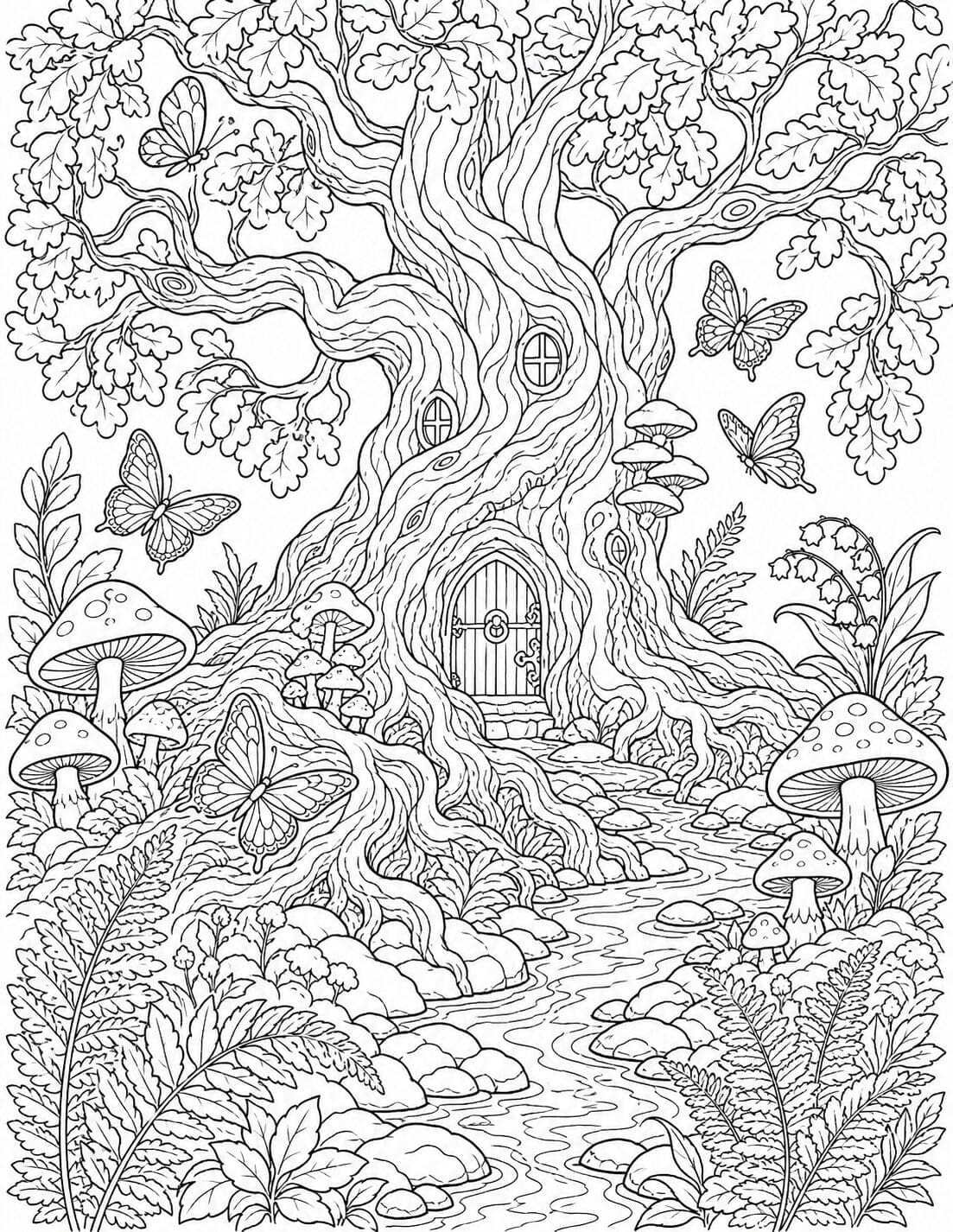 Enchanted Oak and Woodland Stream printable adult coloring page