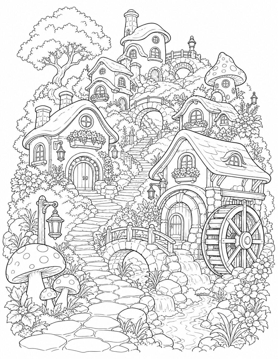 Whimsical hillside village with cottages, bridges, waterwheel and mushrooms – free adult coloring page