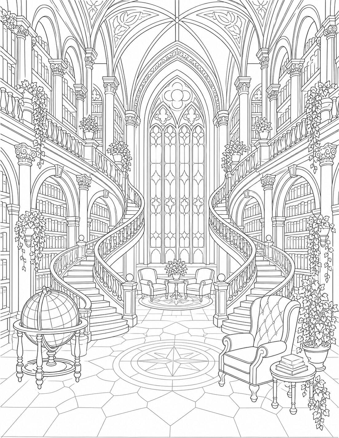 Grand fantasy library with curved staircases, bookshelves and globe – free adult coloring page