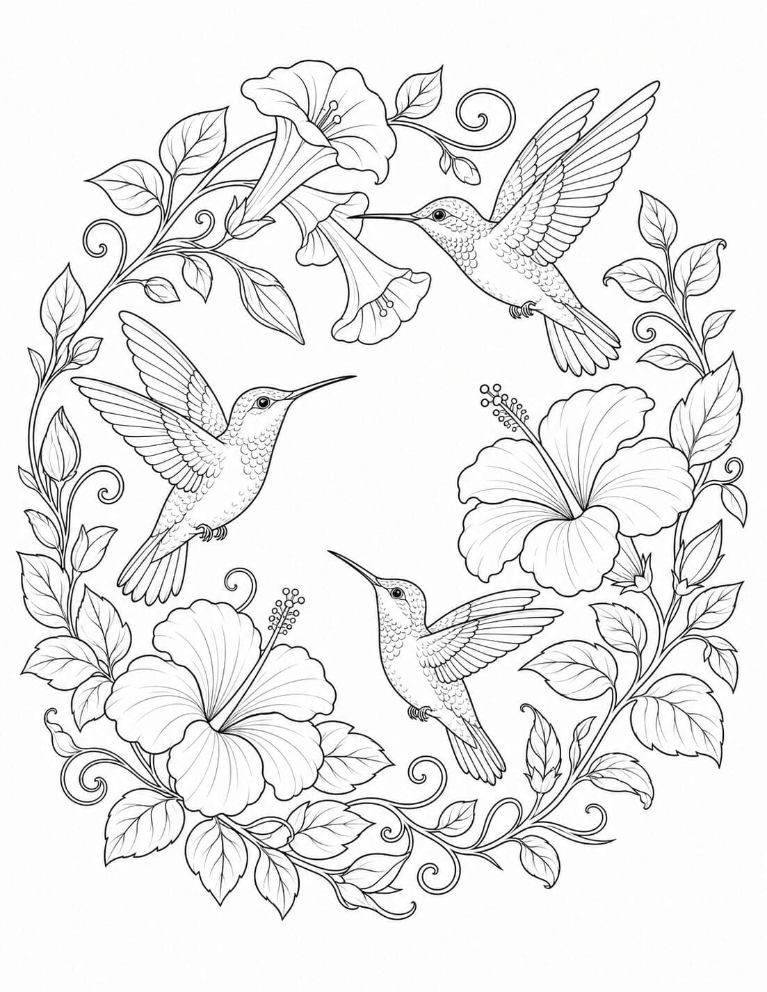Three hummingbirds among hibiscus flowers and curling vines – free adult coloring page