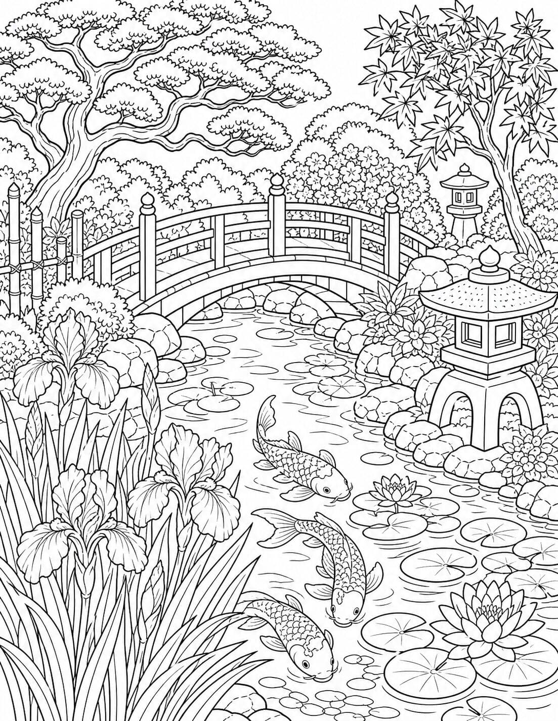 Japanese Koi Garden printable adult coloring page