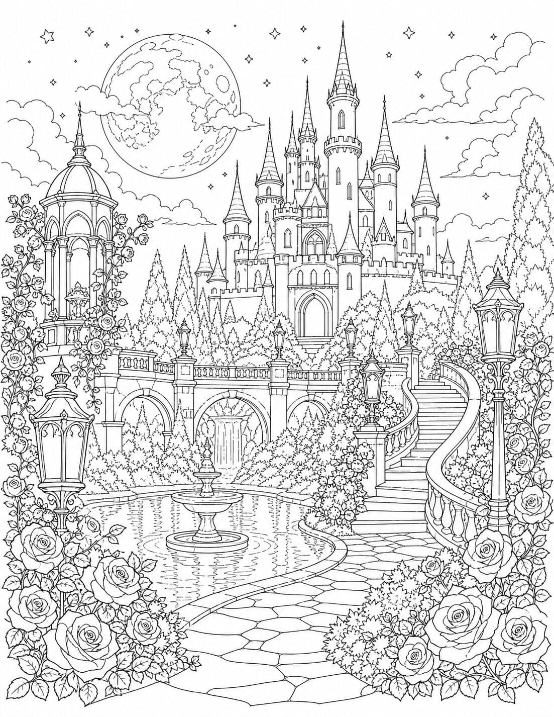 Fantasy castle garden with moon, roses, bridges and reflecting pool – free adult coloring page