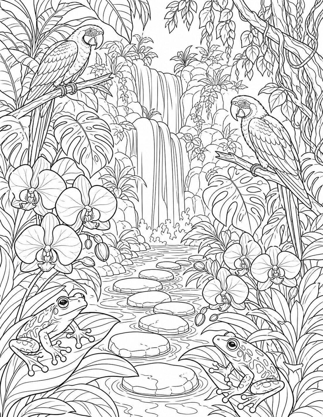 Rainforest Waterfall printable adult coloring page