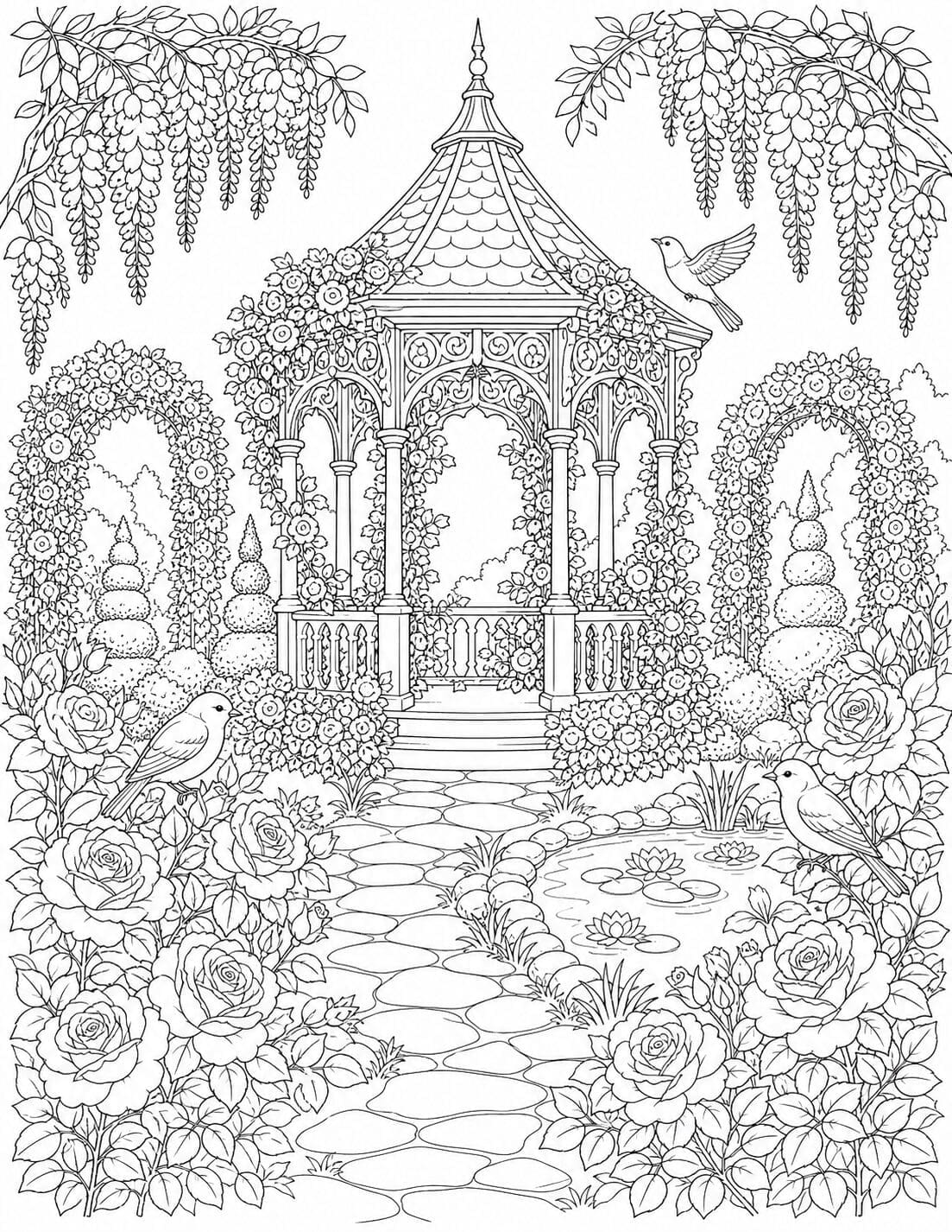 Secret garden gazebo with roses, wisteria, birds and pond – free adult coloring page
