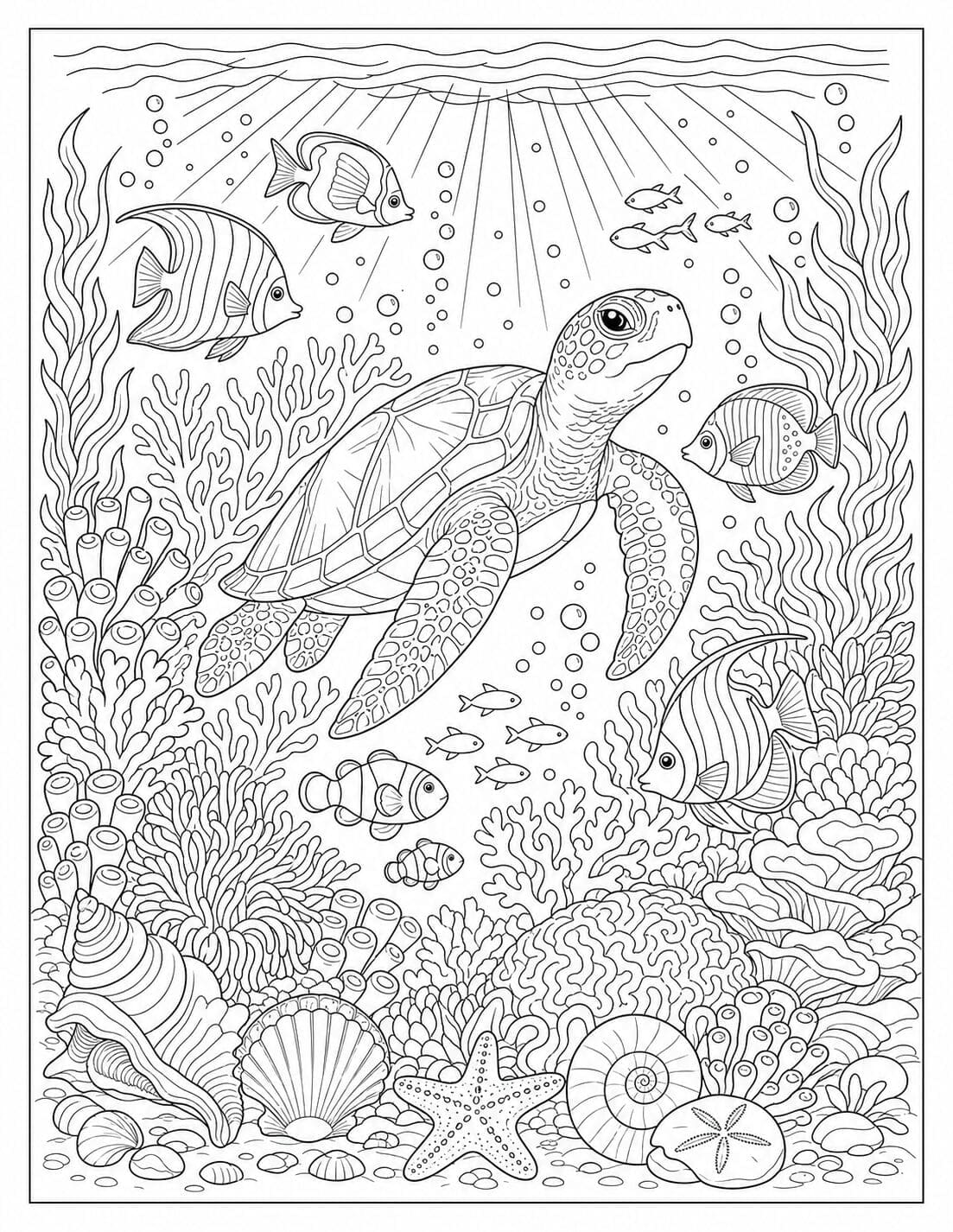 Free printable sea turtle and coral reef adult coloring page