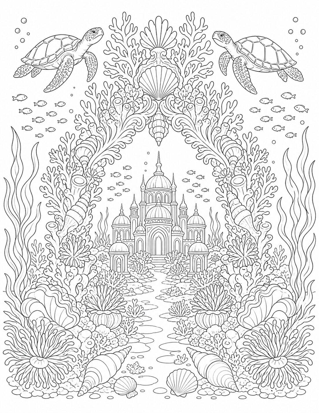 Underwater palace framed by coral, sea turtles and shells – free adult coloring page