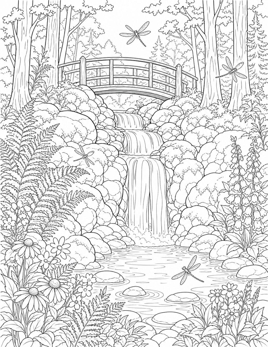 Woodland waterfall, footbridge, ferns and dragonflies – free adult coloring page